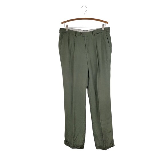 Pierre Balmain Irish Linen Pants 36x31 Olive Green Cuffed Trousers EU 52 - Picture 1 of 12